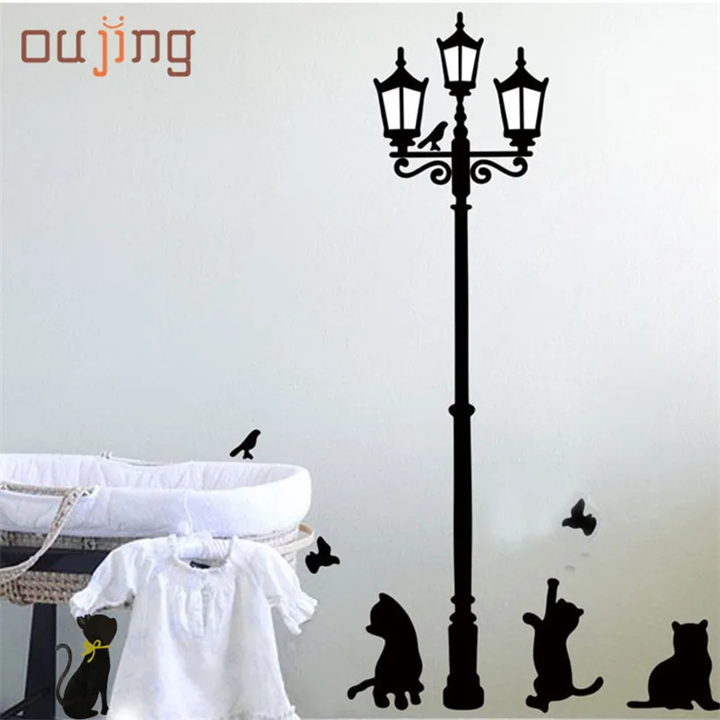 

oujing New Arrival Cat Wall Sticker Lamp and Butterflies Stickers Decor Decals Removable Cartoon Sticker for kids room 2018