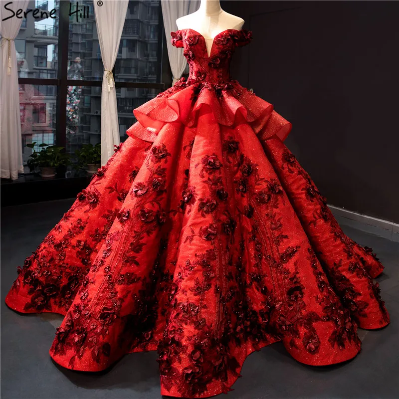 

Latest Red Handmade Flowers Pearls Wedding Dresses Design 2019 Off Shoulder Sexy Bridal Gowns Real Photo HM66878 Custom Made