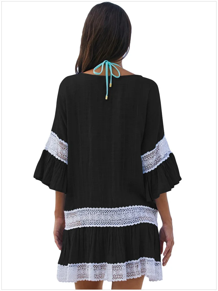 Scsech 2018 Summer Women Beach White Dress Half Sleeve V Neck Lace Hollow Out Solid Beach Dress Women Dresses Sundress D8B11  (5)