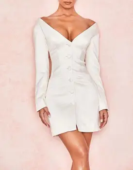 

Celebrity Party Dress Top Quality Sexy Bodycon Women Night CLub Mini Button White V Neck Elegant Homecoming Party Dresses