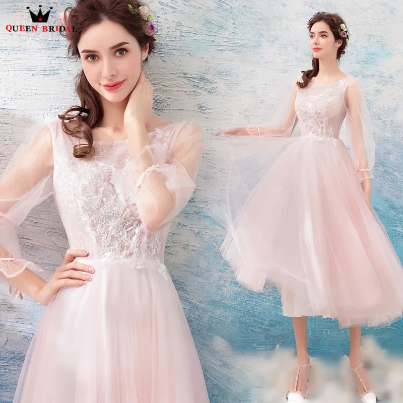 

QUEEN BRIDAL Pink Evening Dresses A-line Lo'n'g Sleeves Lace Beading Short Prom Party Dress Evening Gown Vestido De Festa ZX10