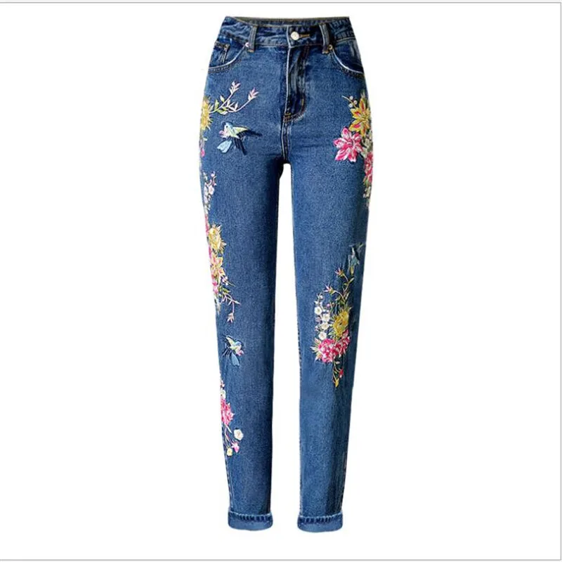

2017 New Fashion Women's Clothing Straight Long Jeans Pants 3D Flowers Embroidery High Waist Ladies Slim Jeans Legging Trousers