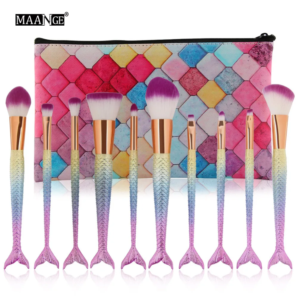 MAANGE 10pcs Mermaid Makeup Foundation Brushes Set Powder Blusher Eyeshadow Lip Cosmetics Make Up Brushes With PU Leather Case