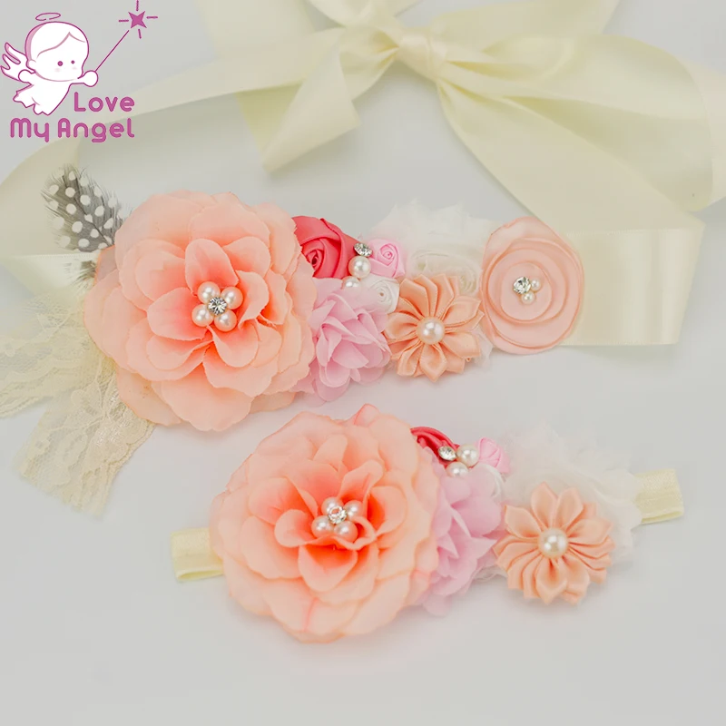 2pcs Set Vintage Coral Peach Flower Girl Sash Maternity Sash Baby