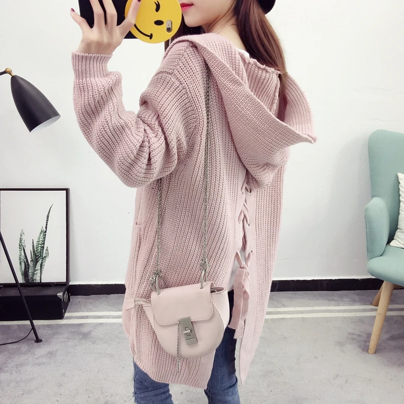 

2018 Harajuku Autumn Winter New Korean Version Women Sweater Cardigan Fashion Loose Back Strap Hooded Wild Casual Female Sweater