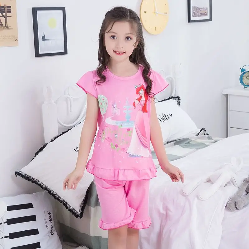 color at picture Детский пижамный комплект, летняя футболка с короткими рукавами+ шорты, детские пижамы, пижамы для девочек, детский набор для сна «Принцессы», От 3 до 13 лет - Цвет: color at picture