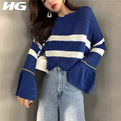 [HG] Корея Новинка 2018 года Осень Винтаж для женщин Flare рукавом полосатый вязаный Топ женский длинный рукав пуловер с круглым вырезом свитер