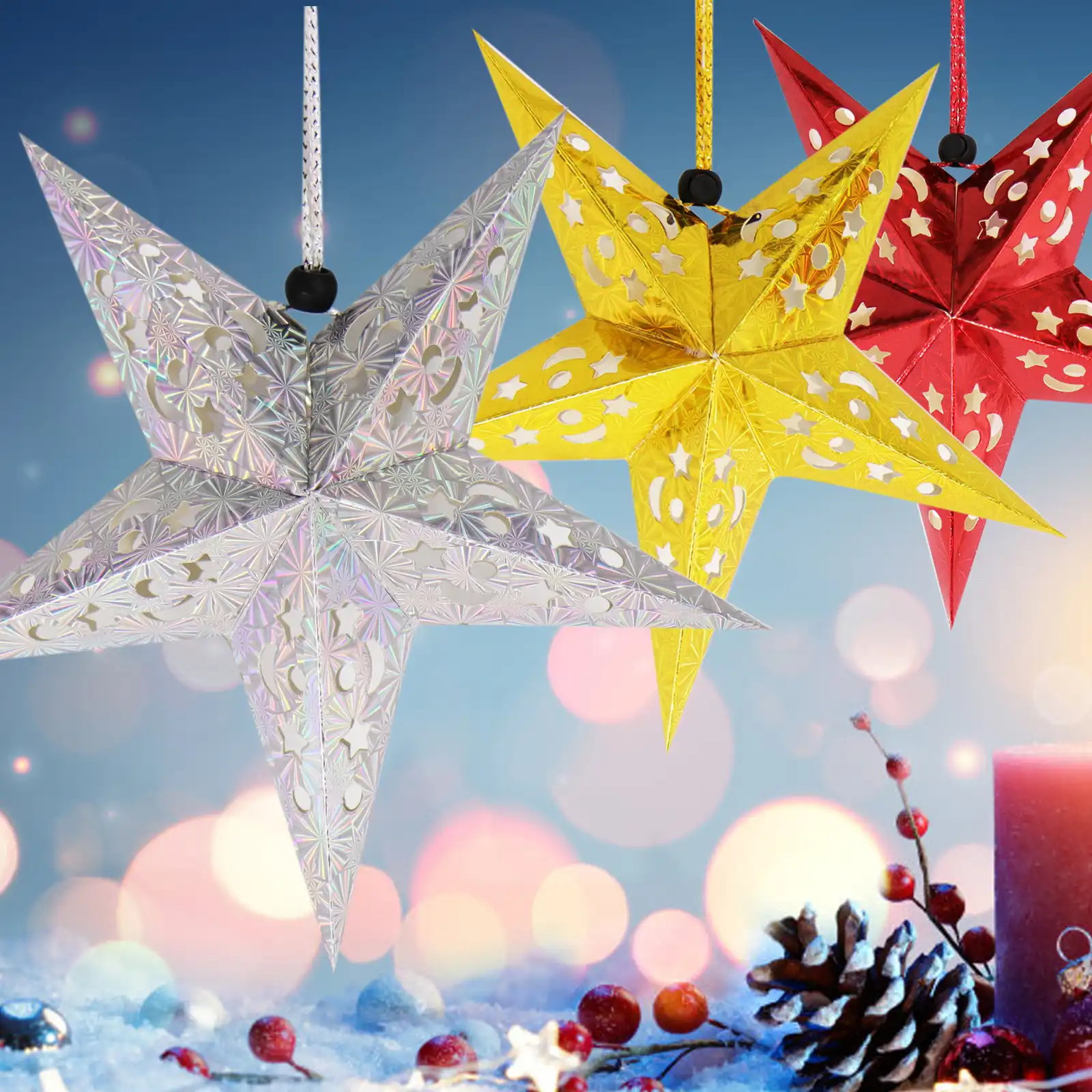 1pc 30x30cm Laser Hanging Five Pointed Stars Nine Angles Paper Star Ceiling Ornaments Christmas Diy Wedding Birthday Party Decor