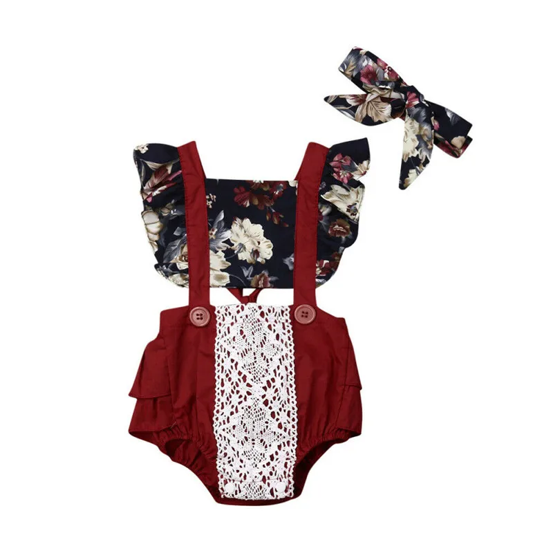 

Toddler Baby Girls clothes Lace Sunflower print backless Ruffle square collar sleeveless Bodysuit bow Headband 2pc cotton Outfit