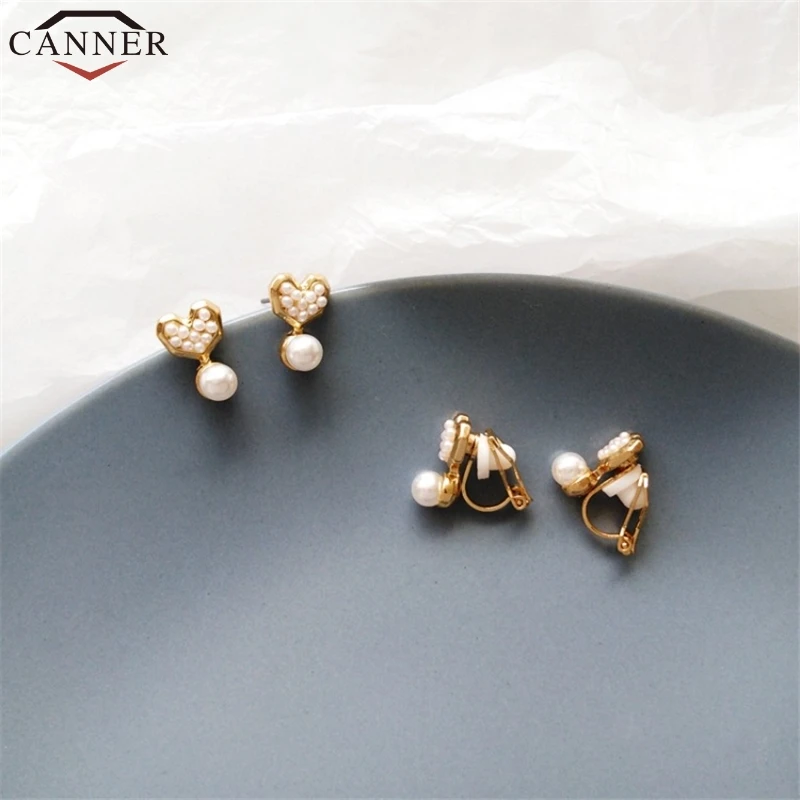 CANNER Romantic Simple Heart Earrings Korean Lovely Imitation Pearl Earrings Fashion Jewelry Gold Stud Earrings for Women FF