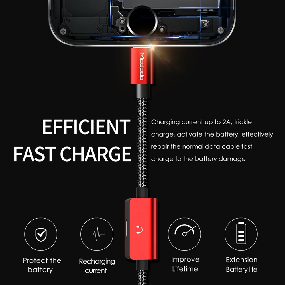 Mcdodo аудио адаптер зарядки 2A кабель для iPhone X 8 7 Plus Lightning 2 в 1 Наушники разъем