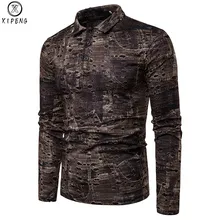 Модная Джинсовая рубашка поло с дырками и принтом для мужчин,, Ретро стиль, длинный рукав, кофейно-серый цвет, рубашки поло, облегающие, хиппи, Swag, рваные рубашки поло