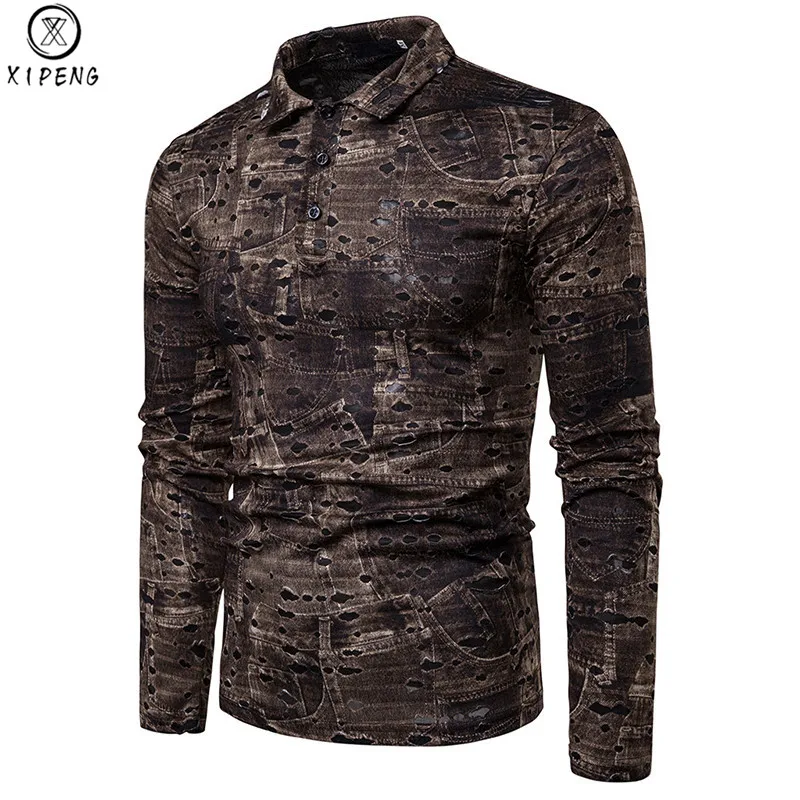 

Fashion Jeans Print Hole Polo Shirt Men 2019 Retro Long Sleeve Coffee Gray Polos Shirts Slim Fit Hippie Swag Ripped Camisas Polo