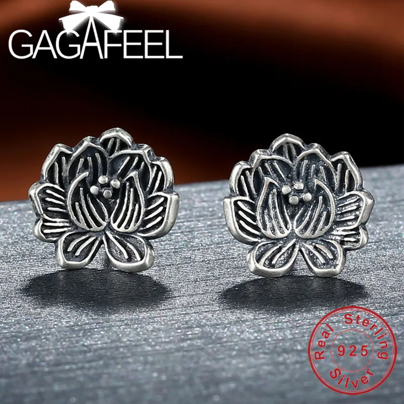 

GAGAFEEL Lotus Earrings 925 Sterling Silver Stud Earrings for Women Ladies Vintage Silver Jewelry