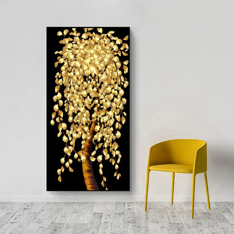 Golden Flowers and Tree Leaves Painting Printed on Canvas