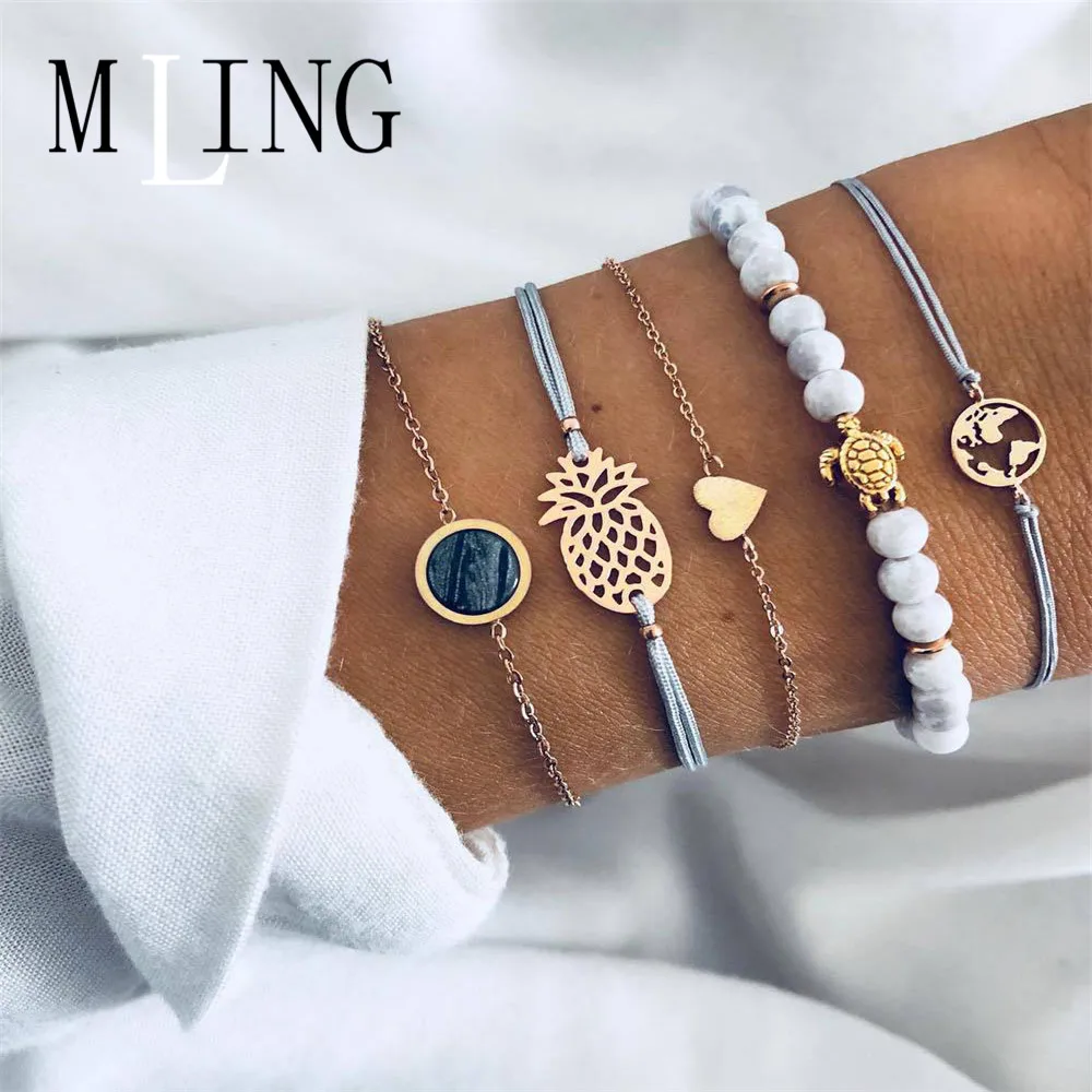 

MLING 5 Pcs/Set 2019 Newest Pineapple Heart Black Stone World MapTurtle Adjustable Female Jewelry Boho Gifts
