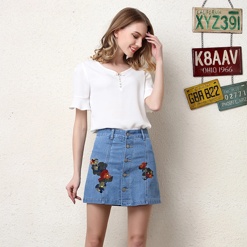 Women Floral Embroidery Jeans Summer Blue Denim Skirts Female Jeans
