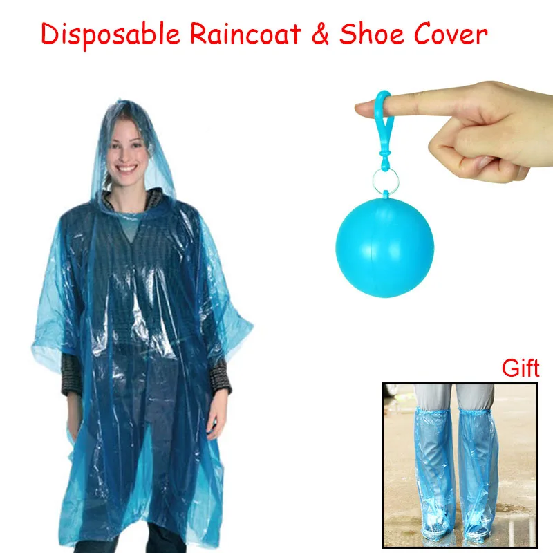 

Portable Disposable Raincoat with Disposable Rain Shoe Cover Rainwear Hooded Poncho Rain Suit Keyring Ball Suport Wholesale