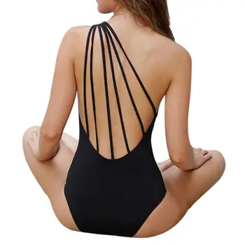 

Female Solid Color Sexy Push Strap Swimsuit Black Bandage Retro Single Shoulder Swimsuit Swimsuit Sexy Back Bikini Set