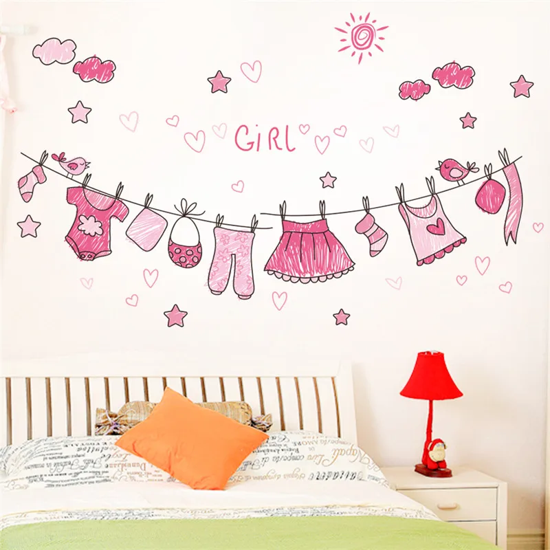 Lovely Clothesline Wall Stickers For Girls Room Bedroom Home Decoration