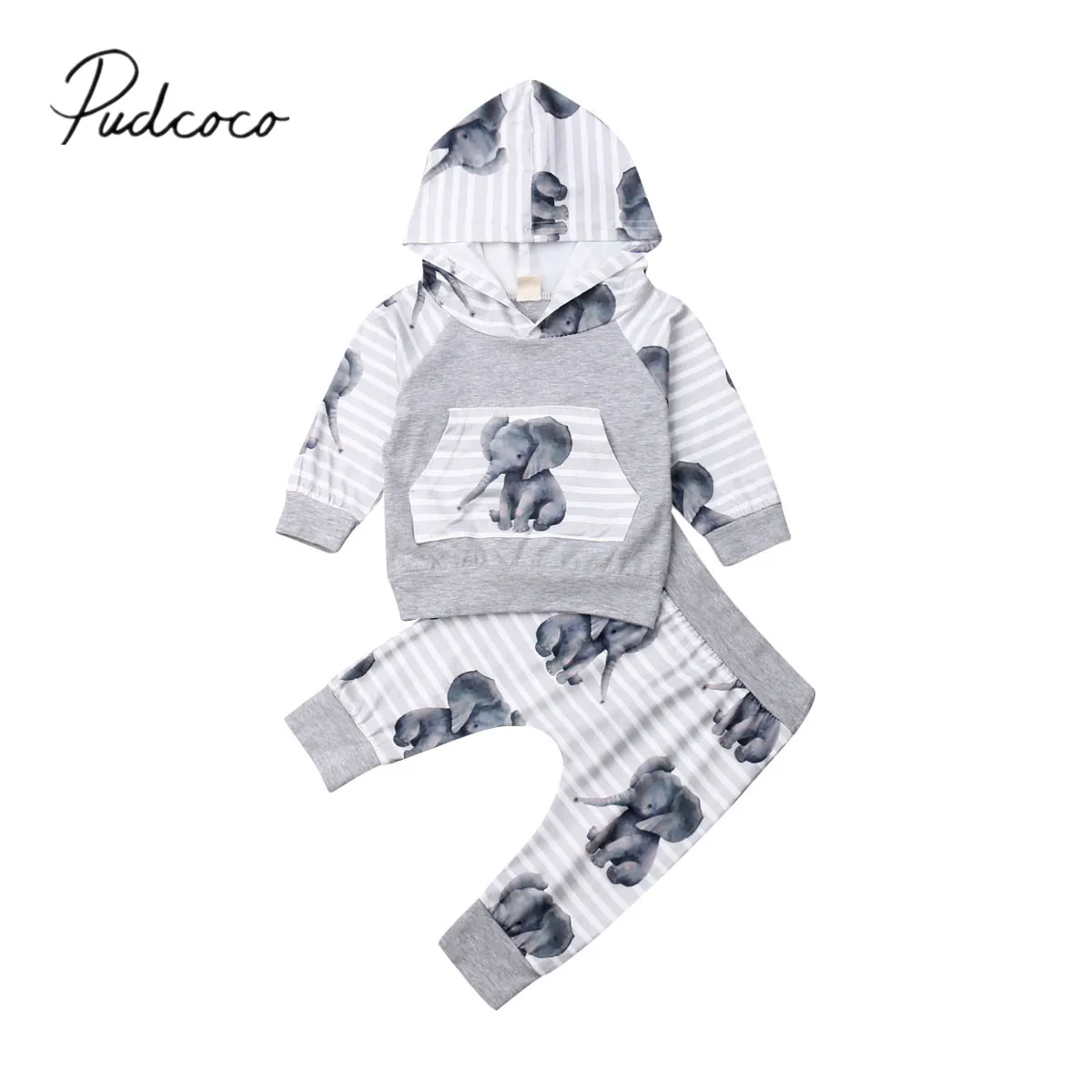 

2019 Baby Spring Autumn Clothing Infant Baby Girl Boys Long Sleeve Clothes Sets Elephant Animal Hooded Tops Shirts +Pants 2pcs