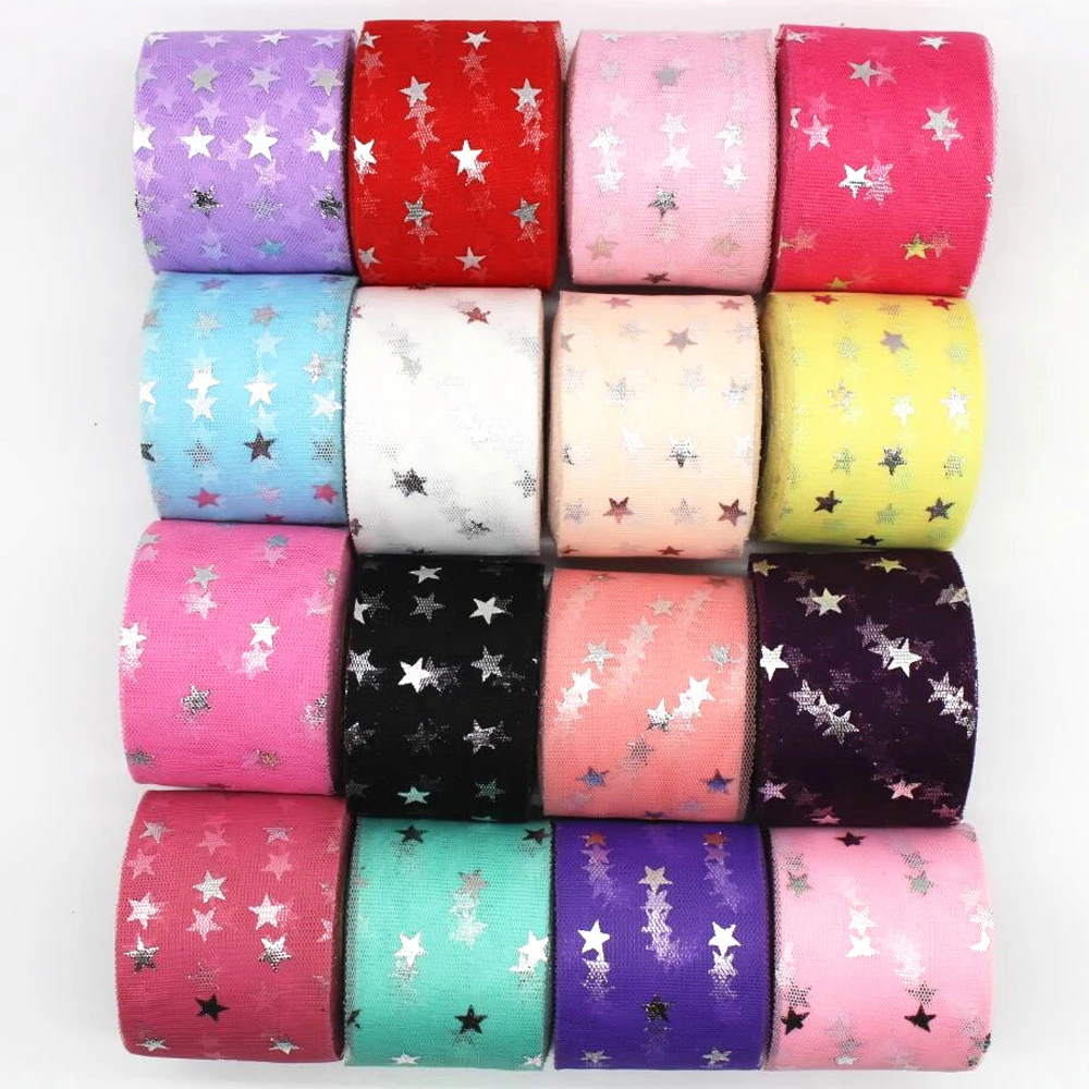 

6cm silver big five-pointed star tulle roll ribbon 20 meters DIY handmade material headdress bow pompadour skirt wedding 60mm