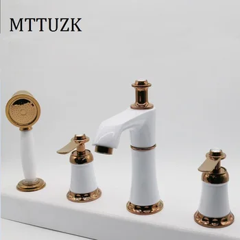 

MTTUZK Golden Bath Faucet Double Handle 4 Holes Deck Mounted Sink Faucet Hot &Cold Mixer tap Bathroom Faucet with shower