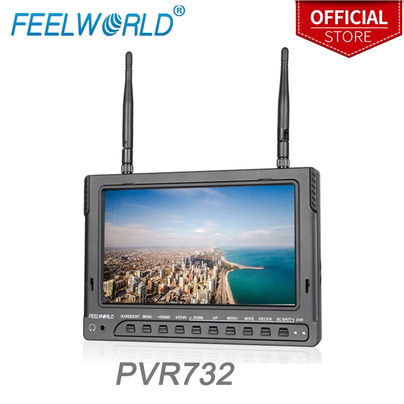 

Feelworld 7 Inch IPS 1024x600 FPV Monitor for Drone UAV with Built-in Battery Dual 5.8G 40CH Diversity Receiver with DVR PVR732