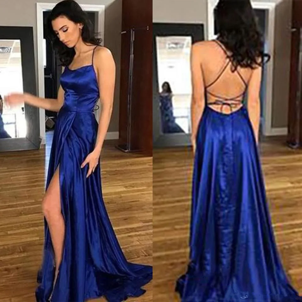 

Scoop Neckline Royal Blue Long Prom Dress with Tie String Back Simple Prom Evening Gown