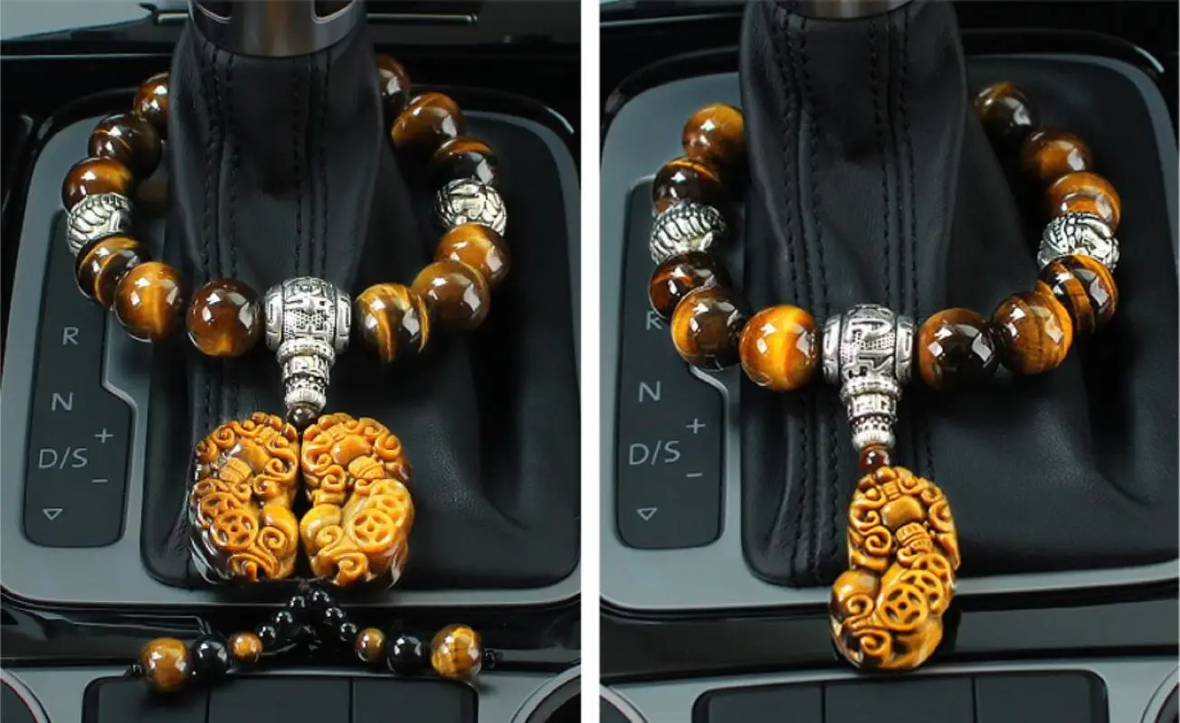 Car Ornament Natural Tiger Eye Stone Car Gear Bead Pendant Interior Gear Beads Peace Symbol Chinese Style Auto Decor Accessories