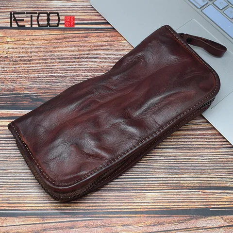 Curtimento do Couro Bolsa de Mão Bolsa de Cartão de Multi cartão Homens de Couro Bolsa do Telefone Aetoo Handmade Bolsa Agarrar Longo Carteira Retro Móvel