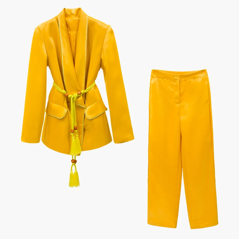 HIGH QUALITY New Fashion Designer Runway Suit Set Women's Rope Belt Yellow Blazer Suit Wide Leg Pants Set