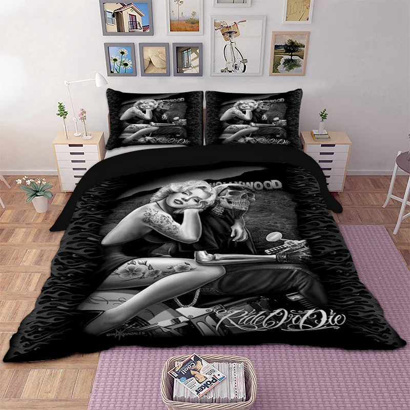 3d Marilyn Monroe skull Motorcycle Bedding set Duvet Cover Bed Set Twin queen king size home textile