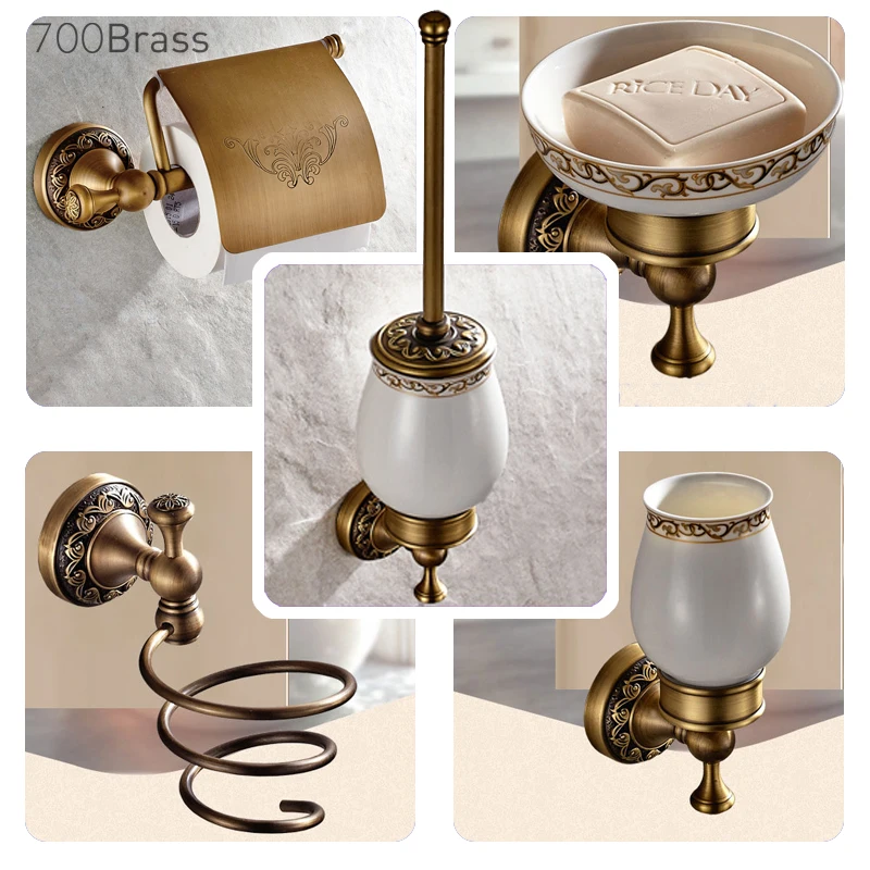 Antique Brass Bathroom Accessories Robe Hook-Paper Holder-Towel Bar Towel Ring S