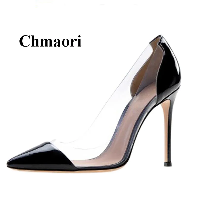 

2018 Fashion PCV Colorblock Black Shallow Pointed Toe Sexy Thin High Heel Spring Summer Autumn Three Seasons Women 10-12CM Pump