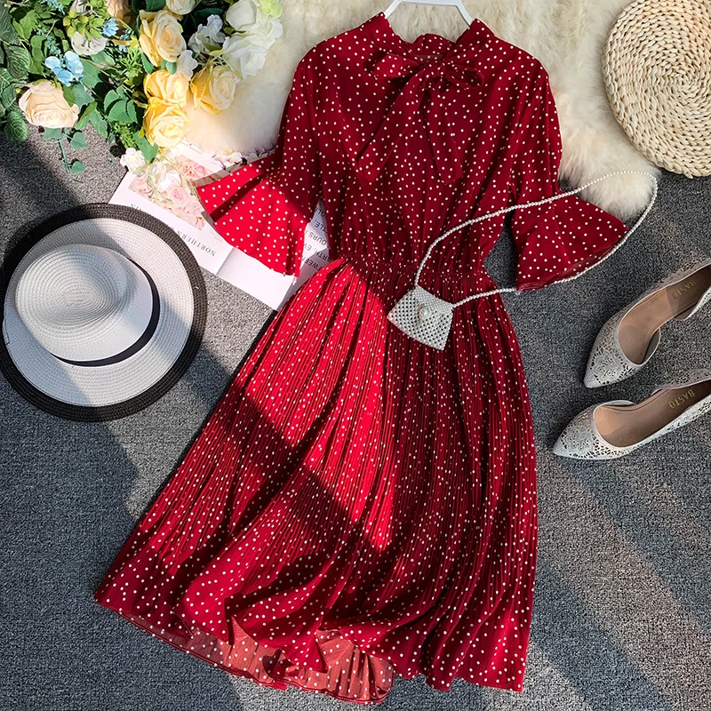 

2019 Spring Summer Women Polka Dots Pleated Dress Bow tie Neck Vintage Printed Dress Women Chiffon Dress