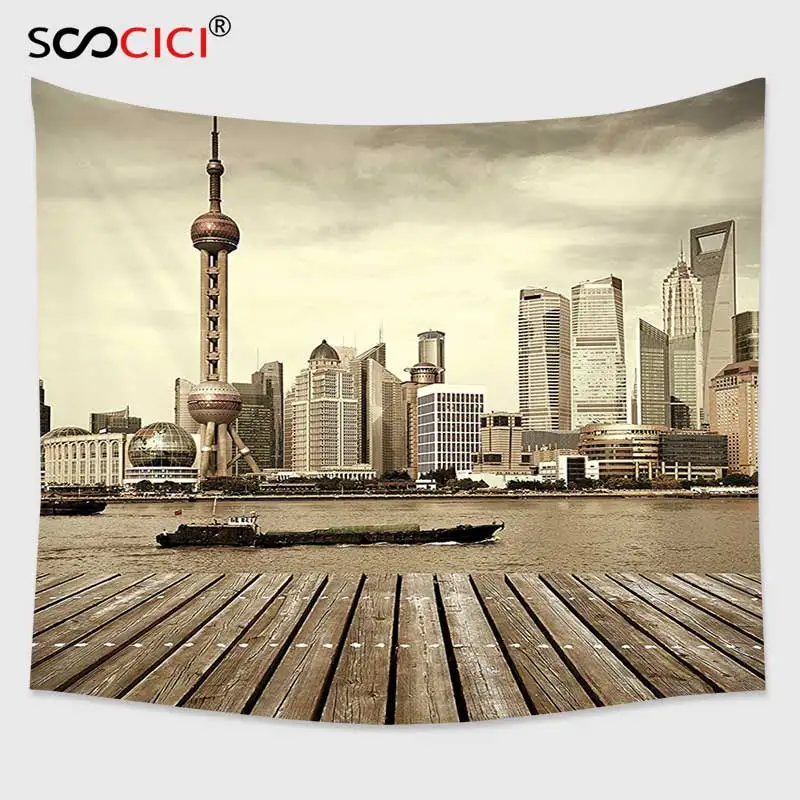 

Cutom Tapestry Wall Hanging,Shanghai Pudong Modern City Skyline China Sepia Photography Digital Printed Wall Beige Taupe