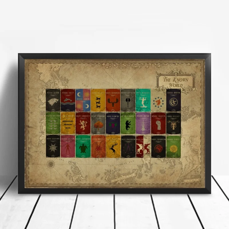 Game Of Thrones World Map And Houses Art Canvas Poster Home Decor