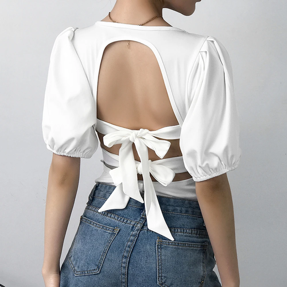 

Spring and summer new style Back strap backless top White slim and thin puff sleeve jumpsuit