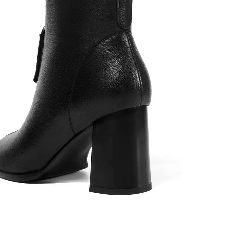 ALLBITEFO square toe genuine leather sexy high heels women boots thick heel ankle boots for women high heel boots girls shoes