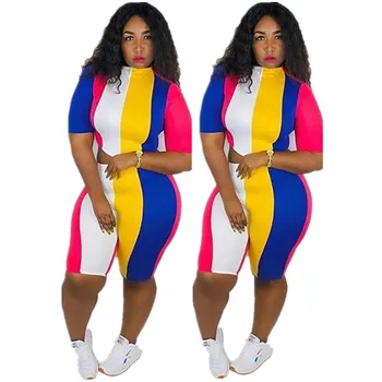 

Fashion 2019 Colorful Striped Two Piece Set Tracksuit Women Two Piece Outfit Tee Top Bodycon Biker Shorts Matching Sets
