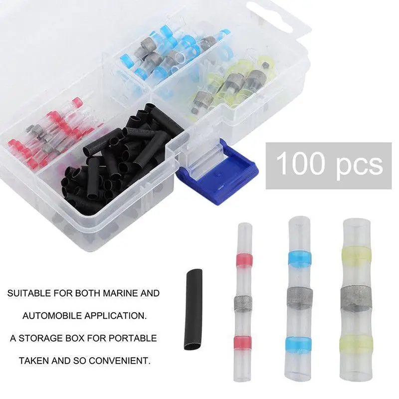 Box New 100Pcs 26-10AWG Assorted Solder Sleeve Heat Shrink Splice Butt Wire