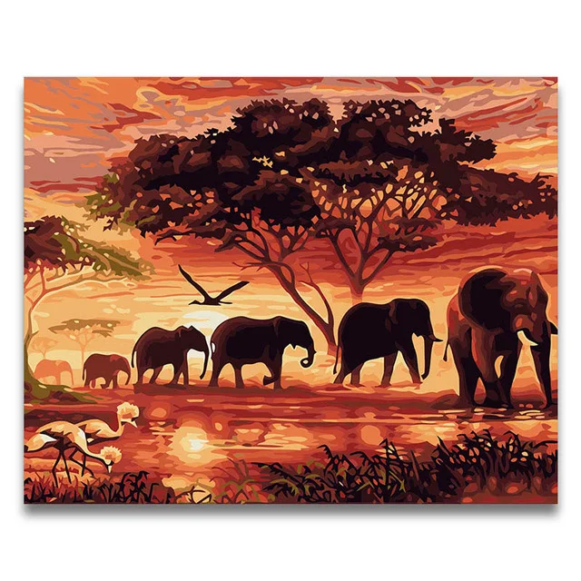 Животные закат Африканский Слон стадо DIY масляная краска Картина по номерам с комплектами на холсте diy Рисование краской
