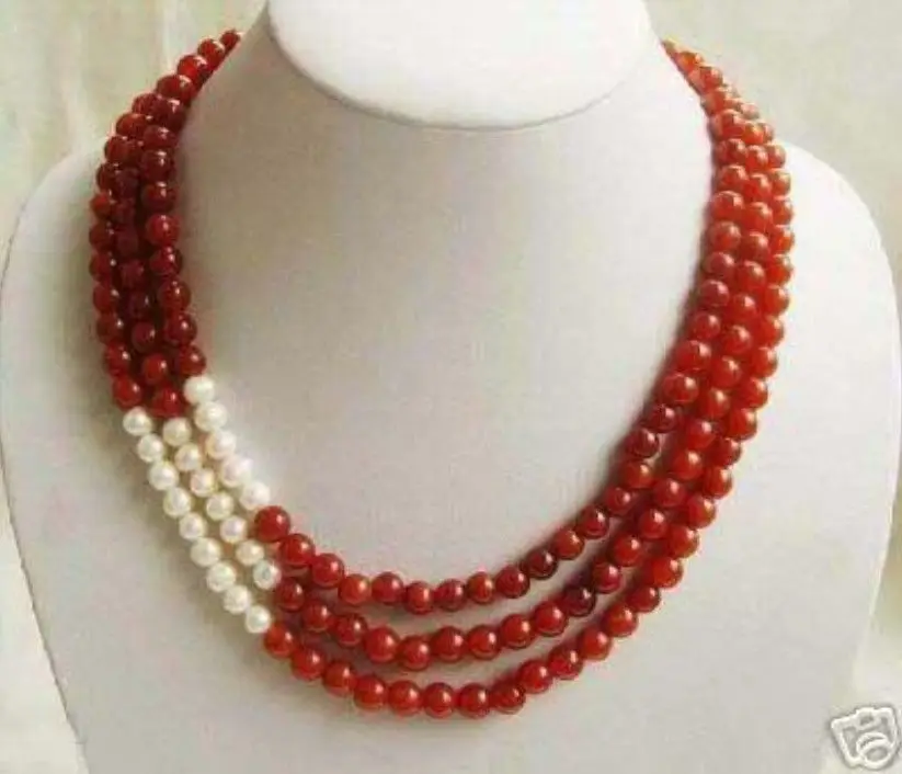 

0001184 Superb 3 Rows 8mm Red Ruby and White Pearl Necklace