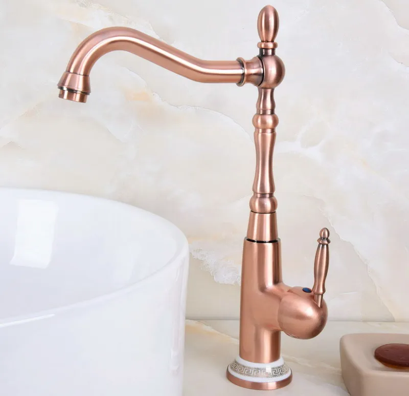 Antique Red Copper Brass Ceramic Base One Handle Bathroom Kitchen Basin Sink Faucet Mixer Tap Swivel Spout Deck Mounted mnf627