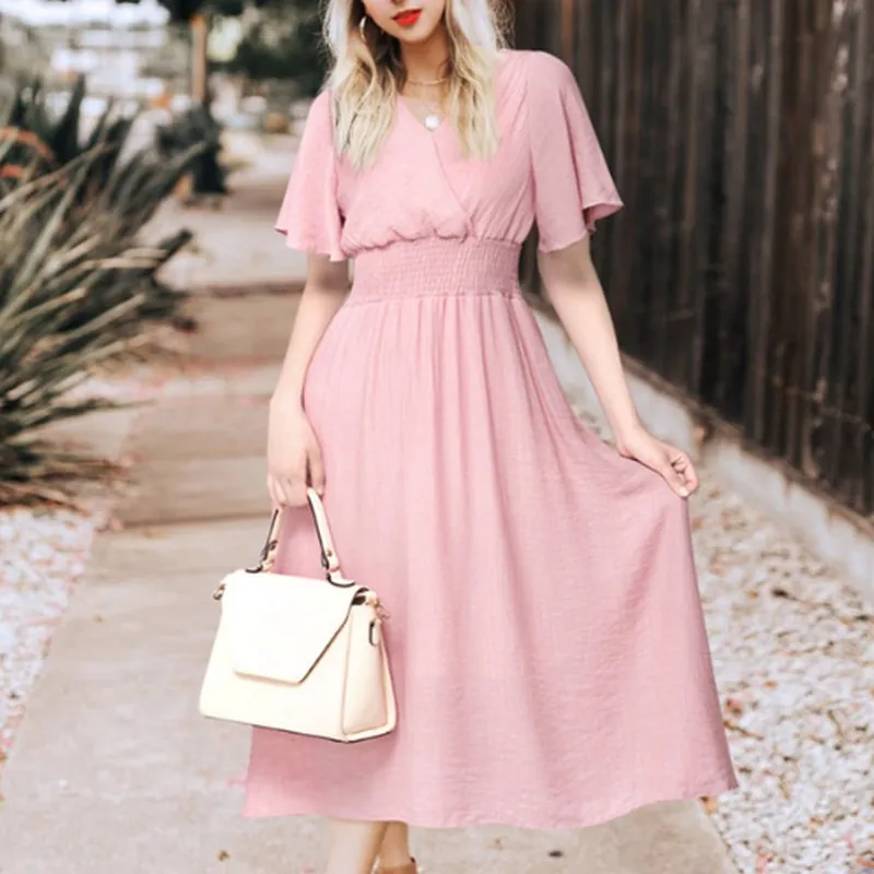 

M-4XL Plus Size Solid Color Summer Dress Women Casual Holiday Chiffon Dresses Loose Ruffle Sleeve Elastic Waist Long Dress Women