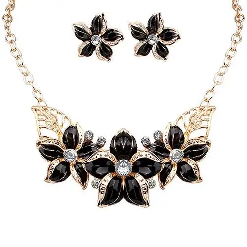 

Fashion Women Rhinestone Flower Statement Pendant Necklace Earrings Jewelry Set bizuteria komplety