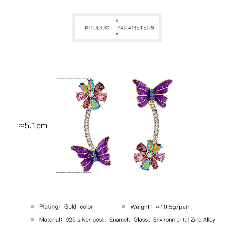 KISS ME Асимметричные женские серьги новые фиолетовые эмалированные серьги с бабочками и цветами модные ювелирные изделия