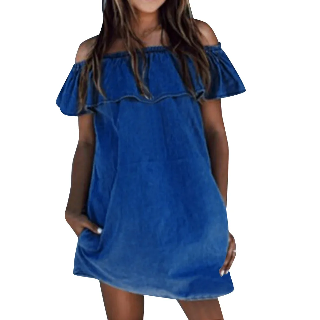 

JAYCOSIN Casual New Ladies Summer Imitation Denim Solid Color Sexy Short-Sleeved Strapless Word Collar Dress Daily Clothing 510W