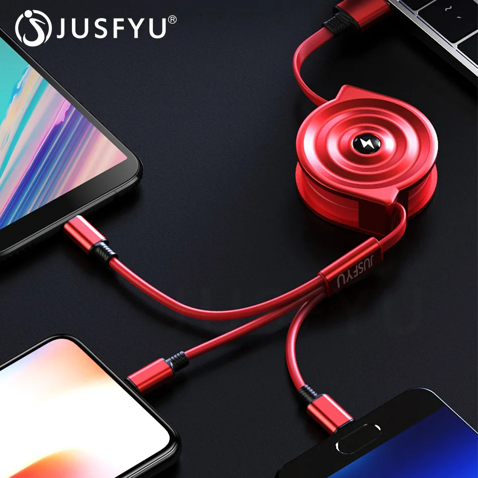 

JUSFYU Retractable 3 in 1 USB Cable For Iphone Micro USB Type C 2.5A Wire For iPhone XS MAX Xiaomi Samsung S9 Fast Charging Cord